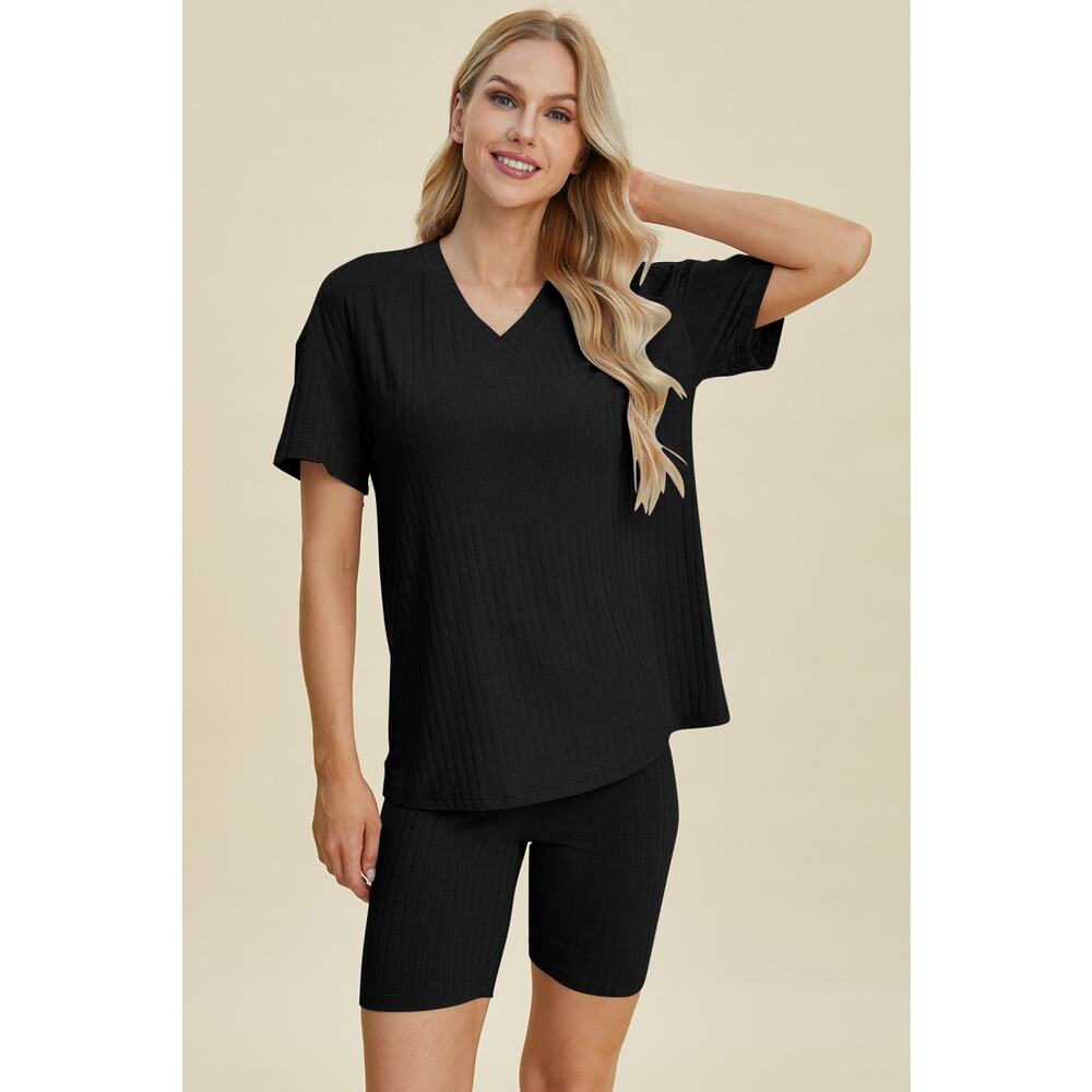 BASIC BAE Plus Black Ribbed V-Neck Short Sleeve Top Shorts Set NEW - Picture 2 of 6